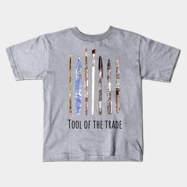 Tools of trade, drawing, creation, poet, writer, artist, watercolor style Kids T-Shirt by Collagedream